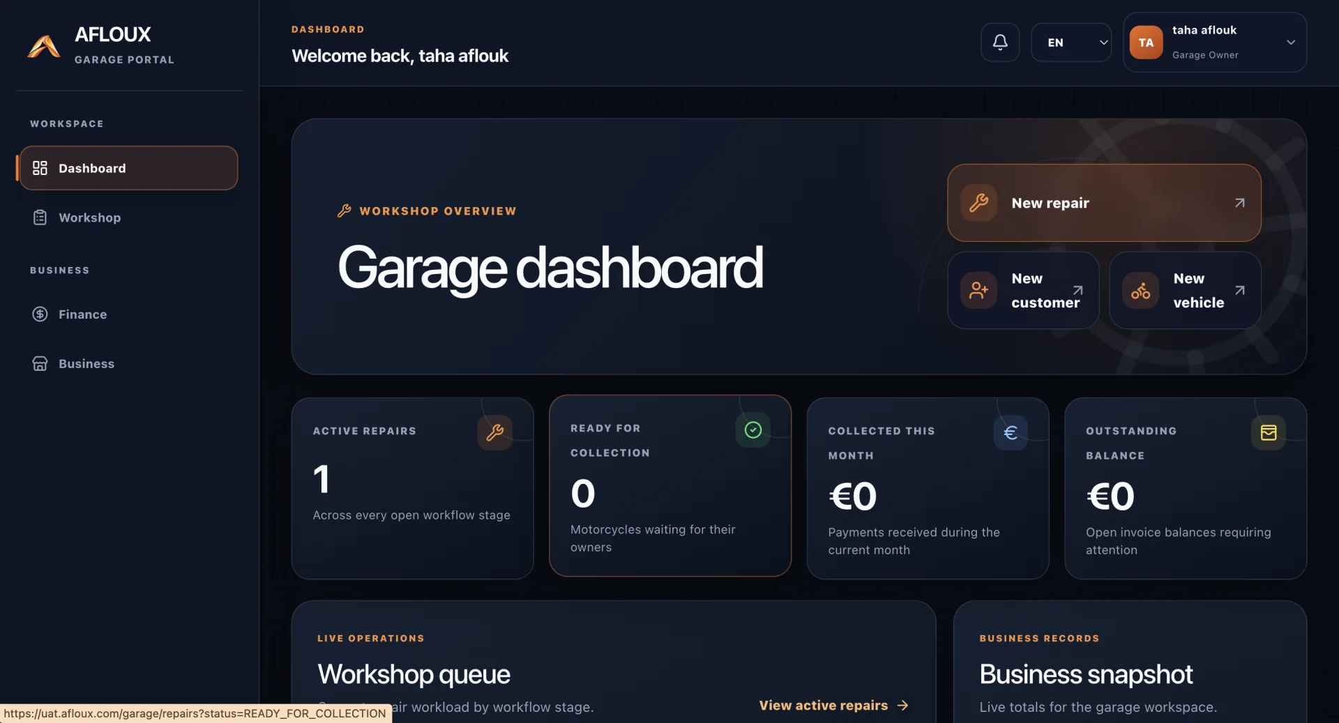 AFLOUX garage operations dashboard interface